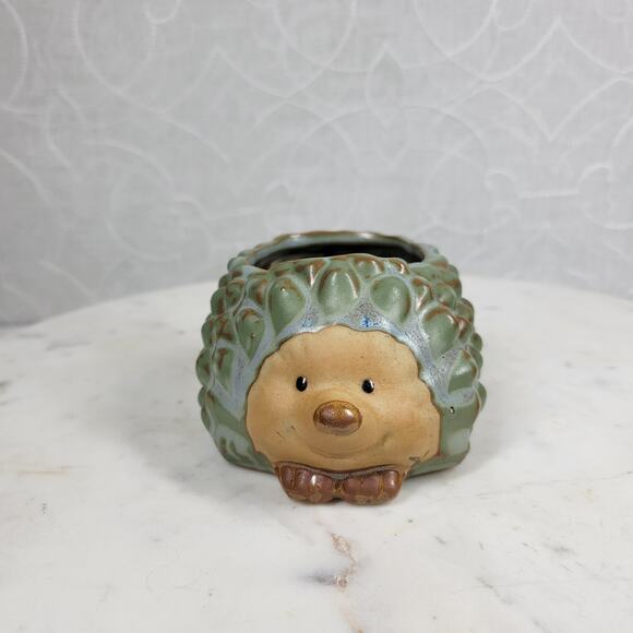 Retro Hedgehog Planter Small 2.5" Green Ceramic Flower Cactus Succulent Pot - Picture 3 of 14